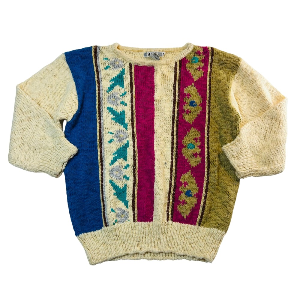 Vintage Segue Colorblock Geometric Knit Sweater Metallic Accents Womens Medium